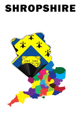 Outline map of England with Shropshire raised and highlighted with the county flagの写真素材