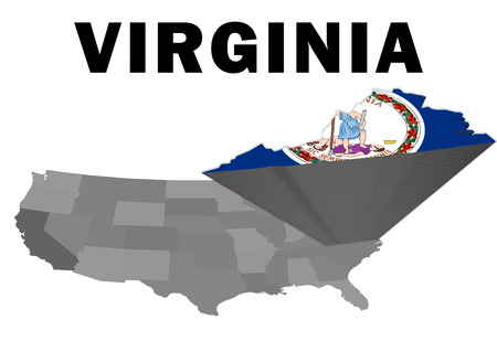 Outline map of the United States with the state of Virginia raised and highlighted with the state flagの写真素材