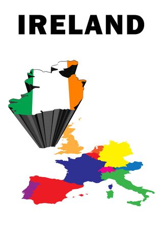 Outline map of Western Europe with Ireland raised and highlighted with the national flagの写真素材