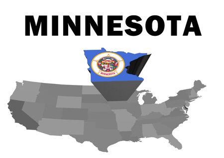 Outline map of the United States with the state of Minnesota raised and highlighted with the state flagの写真素材