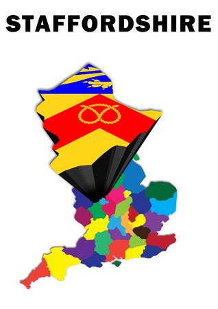 Outline map of England with Staffordshire raised and highlighted with the county flagの写真素材