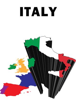 Outline map of Western Europe with Italy raised and highlighted with the national flagの写真素材