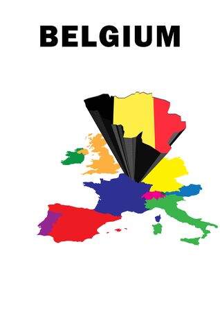Outline map of Western Europe with Belgium raised and highlighted with the national flagの写真素材