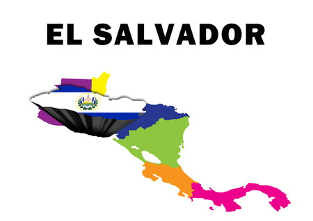 Outline map of Central America with El Salvador raised and highlighted with the national flagの写真素材