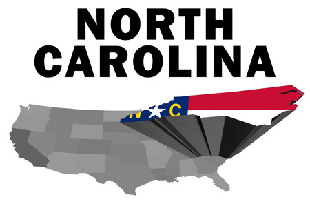 Outline map of the United States with the state of North Carolina raised and highlighted with the state flagの写真素材
