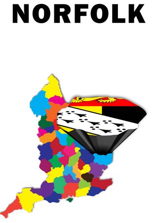 Outline map of England with Norfolk raised and highlighted with the county flagの写真素材