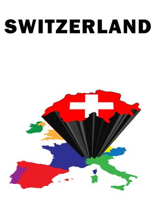 Outline map of Western Europe with Switzerland raised and highlighted with the national flagの写真素材