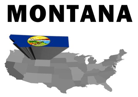 Outline map of the United States with the state of Motana raised and highlighted with the state flagの写真素材