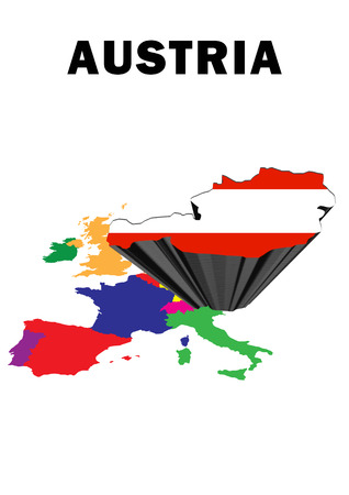 Outline map of Western Europe with Austria raised and highlighted with the national flagの写真素材
