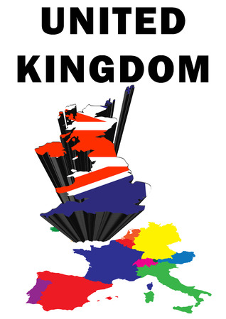 Outline map of Western Europe with the United Kingdom raised and highlighted with the national flagの写真素材