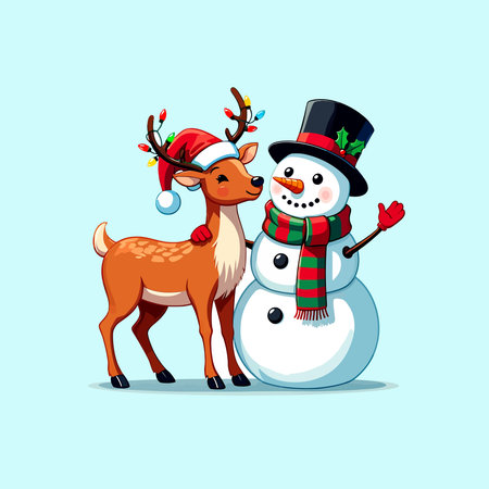 Snowman and reindeer. Merry Christmas and Happy New Year. Vector illustrationのイラスト素材