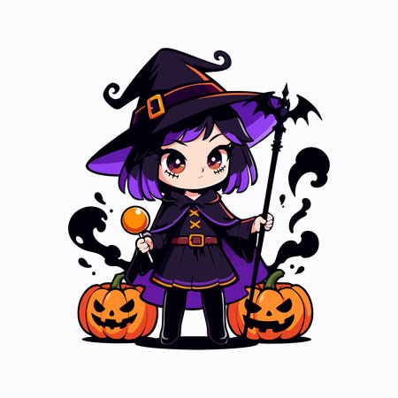 Cute little girl in witch costume. Halloween theme. Vector illustration.のイラスト素材