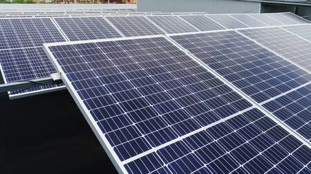 Sun solar cells on the ground. Alternative solar panels power plant. Sustainability of planet. Green...