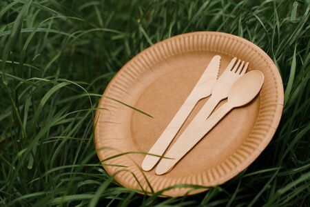 Eco-friendly natural plate with spoon, fork, knife. Set of disposable ecological dishes on green grass background. Sustainability of planet. Cardboard dishes made of fiber of bamboo and bagasseの写真素材