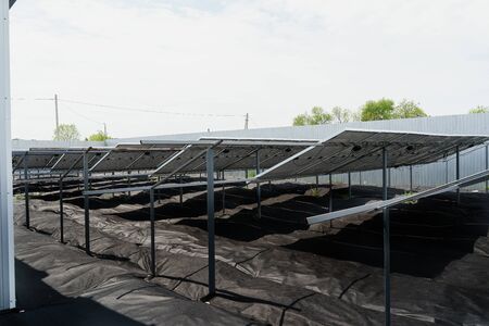 Solar panels on the ground back view. Free electricity for home. Sustainability of planet. Green energy for home. Solar cells power plant business. Ecological clean energy. Blue panels on the ground.の写真素材