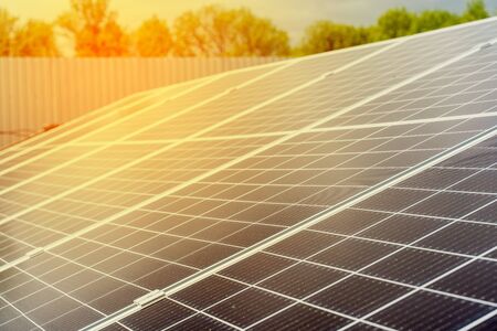 Solar cells closeup. Alternative solar panels power plant. Sustainability of planet. Green energy...