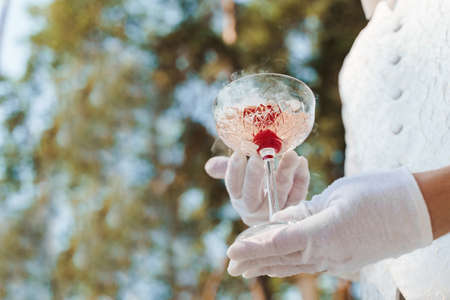 Waiter in white gloves gives wine glass with shampagne, red cherry, and white smoke of dry ice and gives to customer. Catering for wedding ceremony and business meeting. Empy left side for text.の写真素材