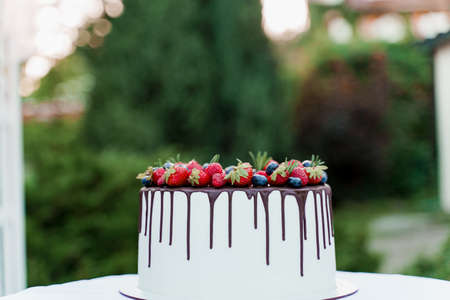 Wedding cake with strawberries and blueberries on top on the green background. White tasty cake for ceremony. Advert for cooksの写真素材