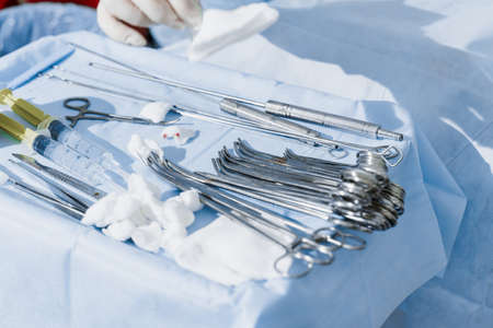 Surgical stainless equipment on the sterille table in operation room