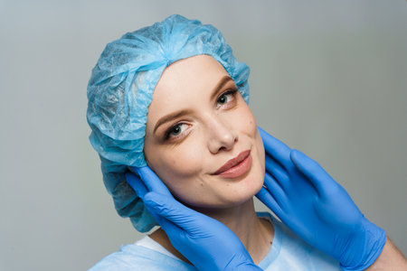 Consultation with plastic surgeon on white background. Cosmetic rejuvenating facial treatment. Doctor man with blue medical gloves touches girl face. Patient ask about lips and chin injectionsの写真素材