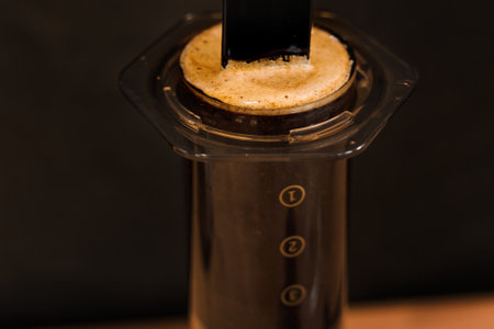 Aeropress coffee close-up alternative making by barista in the cafe. Scandinavian coffee brewing...