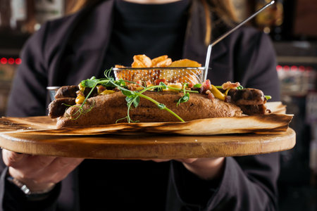 The waiter carries the order to the visitor. Barbecue grilled hot dog with yellow mustard and ketchup on wooden background. Hot dog sandwich with potato fries and sauces.の写真素材