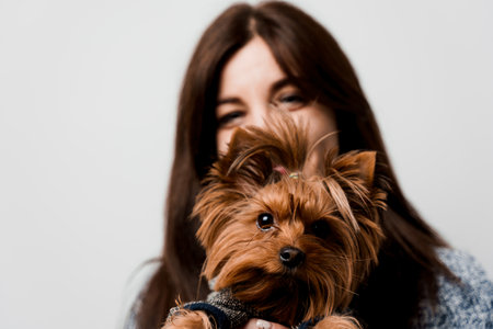 Young attractive woman with dog yorkshire terrier smiles. Close up photo. Pet care. People and pets. Girl holds brown dog isolated on white backgroundの写真素材