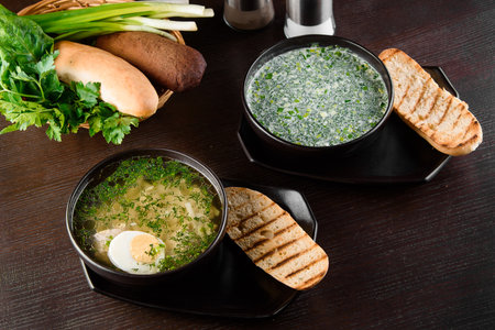 Okroshka, broth with noodles and eggs in black plate, toasted bread, herbs on dark wooden table. Healthy seasonal lunch.の写真素材