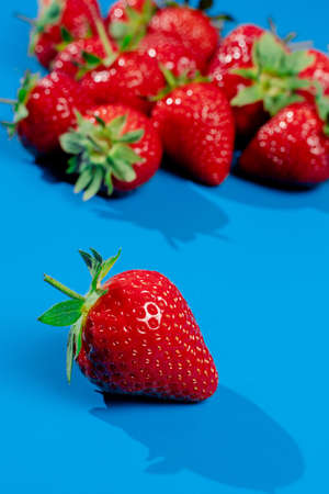 Bunch of strawberries on blue background. Red berry summer seasonal fruit