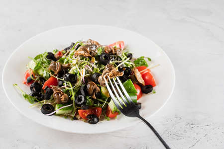 Green salad with escargot grape snails on white background. French gourmet cuisineの写真素材