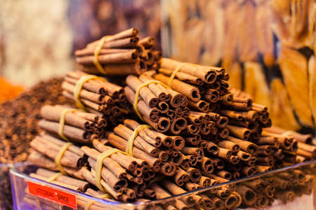 Cinnamon sticks cassia aromatic spice Turkish market. Seasoning for mulled wine and desserts.の写真素材