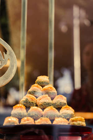 Baklava honey with walnut and pistachio. Assortment baklava in Turkish market