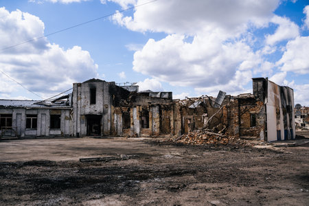 Consequences of the Russian peace in the city of Trostyanets. Sumy region. Civil buildings. Russian military invasion of Ukraineのeditorial素材