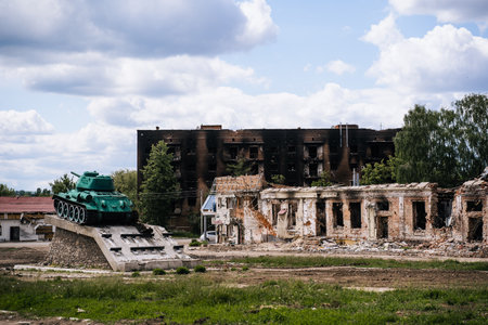 War in Ukraine. Destroyed tank on the central square in the city of Trostyanets liberated from the...