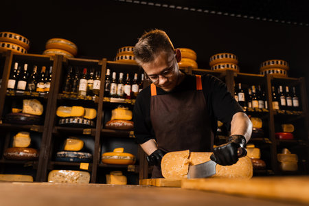 Handsome cheese sommelier cut limited gouda with knife. Bearded hipster in fashion glasses working in cheese shop. Creative idea for advertisingの写真素材