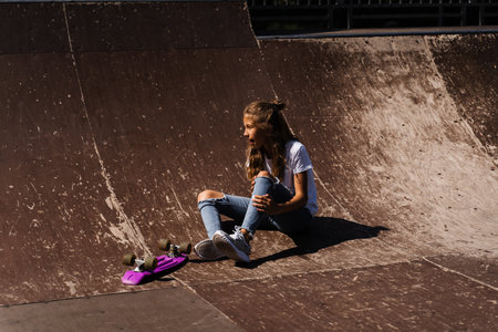 Active child girl after fall from penny board injured, sitting and feel pain on sport ramp on skate park playgroundの写真素材
