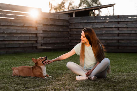 Girl play with Corgi dog on the grass and having fun. Playful Welsh Corgi Pembroke. Lifestyle with domestic petの写真素材
