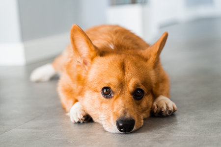 Cute Welsh Corgi Pembroke dog lay and chill on the floor at home and smile. Lifestyle of domestic petの写真素材