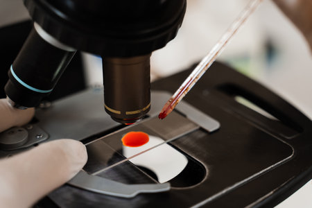 Blood analysis using microscope laboratory close-up. Medical equipment for hematological and biochemical blood tests in medical clinicの写真素材