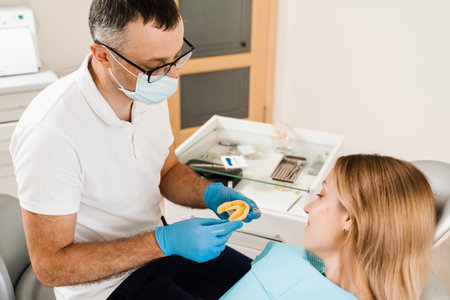 Dentist showing cast of teeth of patient woman before dental implantation. Procedure of creating dental prostheses, crowns and alignersの写真素材