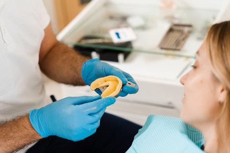 Doctor inserts impression tray and making cast of teeth to patient in dentistry before dental...