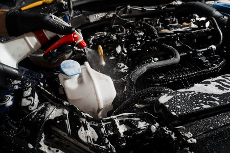 Spraying detergent on car engine. Washing car engine with spray and detergent in detailing auto service. Detailing cleaning motor from dust and dirtの写真素材
