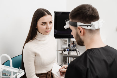 ENT doctor consulting patient and write notes causes of difficulty breathing. Consultation of woman with otolaryngologist in a medical clinicの写真素材