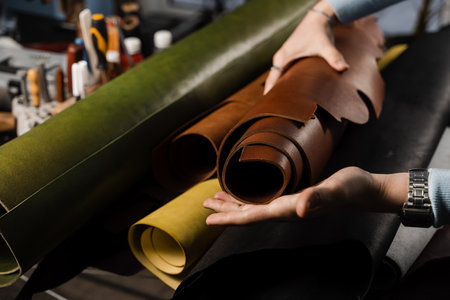 Rolls of genuine leather of different colors in leather products workshop. Leather craftsman is...