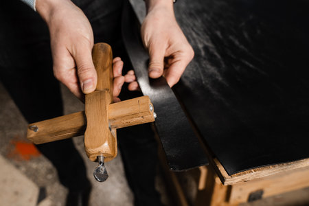 Genuine leather belt creation process in production factory. The craftsman is cutting the belt...