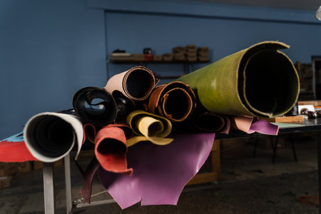 Rolls of genuine leather of different colors in leather products workshop. Handmade genuine leather production in the factoryの写真素材