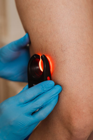 Vascular surgeon examines leg veins of woman using led venous scanner with red illumination. Venous led scanner for helping to locate the veinsの写真素材