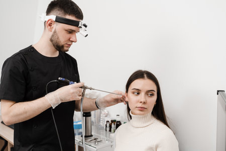Ear endoscopy. Ears endoscopy procedure with endoscope. ENT doctor otolaryngologist with headlight treat ears of girl patientの写真素材