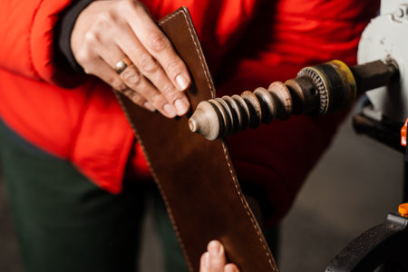 Craftsman is grinding and polishing sides of genuine leather product on polishing machine....