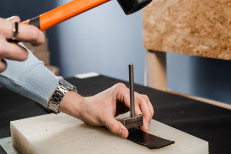 Craftsman is punching genuine leather using line punch and hammer for creation natural leather products. Tools of craftsman for belts creation. Equipment for genuine leather production in workshopの写真素材